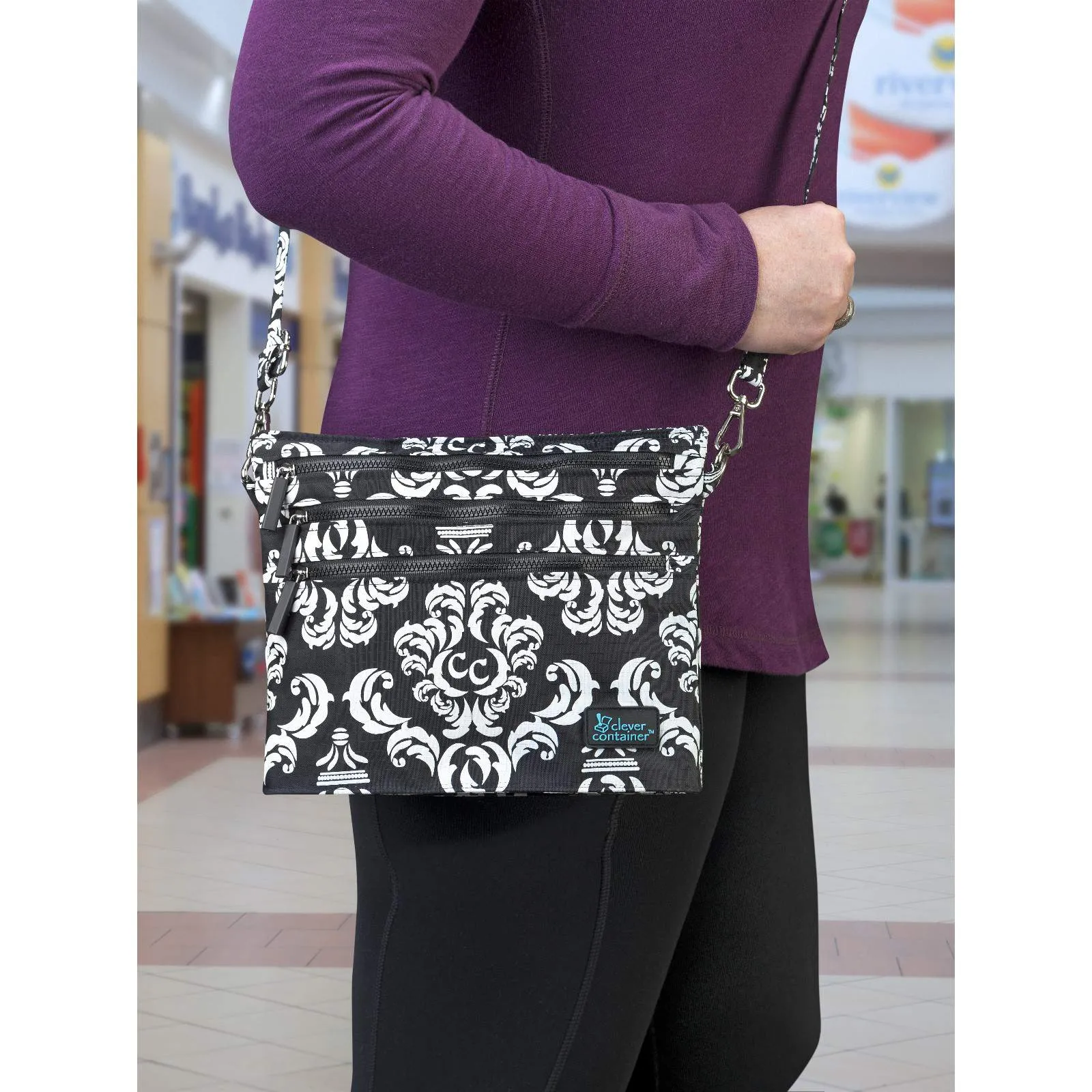 4 Compartment Crossbody Compact Purse - Color Damask Black & White