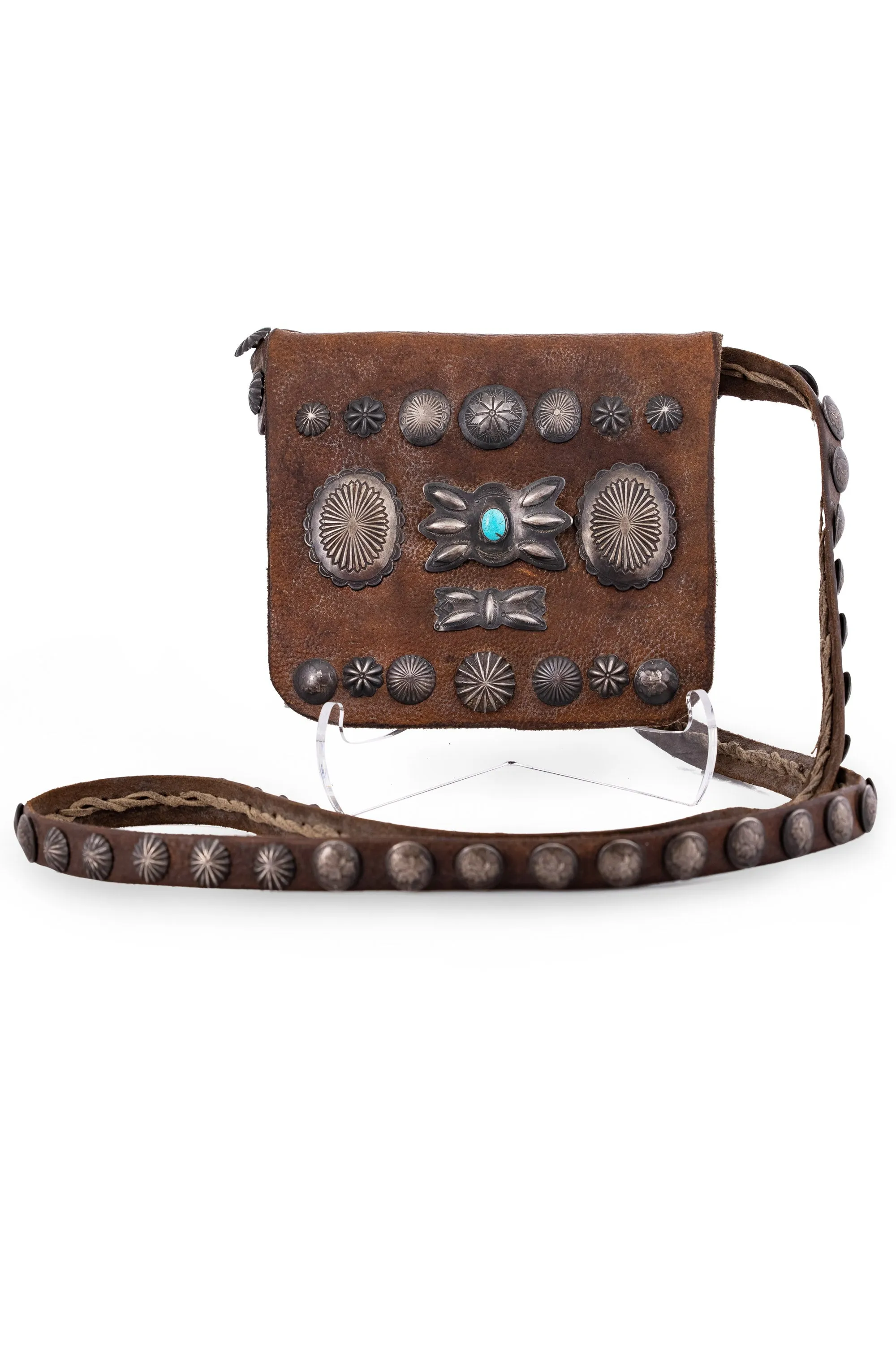 Bag, Bandolier, Leather, Sterling Silver Conchos, Turquoise, Vintage, 245