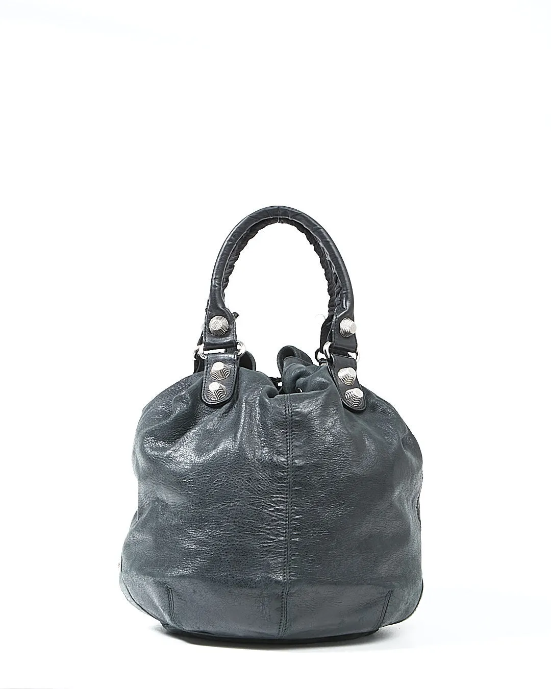 Balenciaga Black Crinkled Leather PomPom Bucket Bag