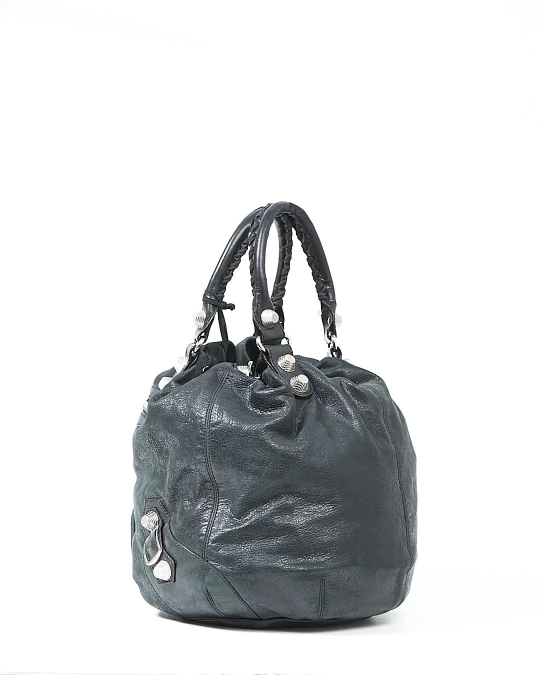 Balenciaga Black Crinkled Leather PomPom Bucket Bag