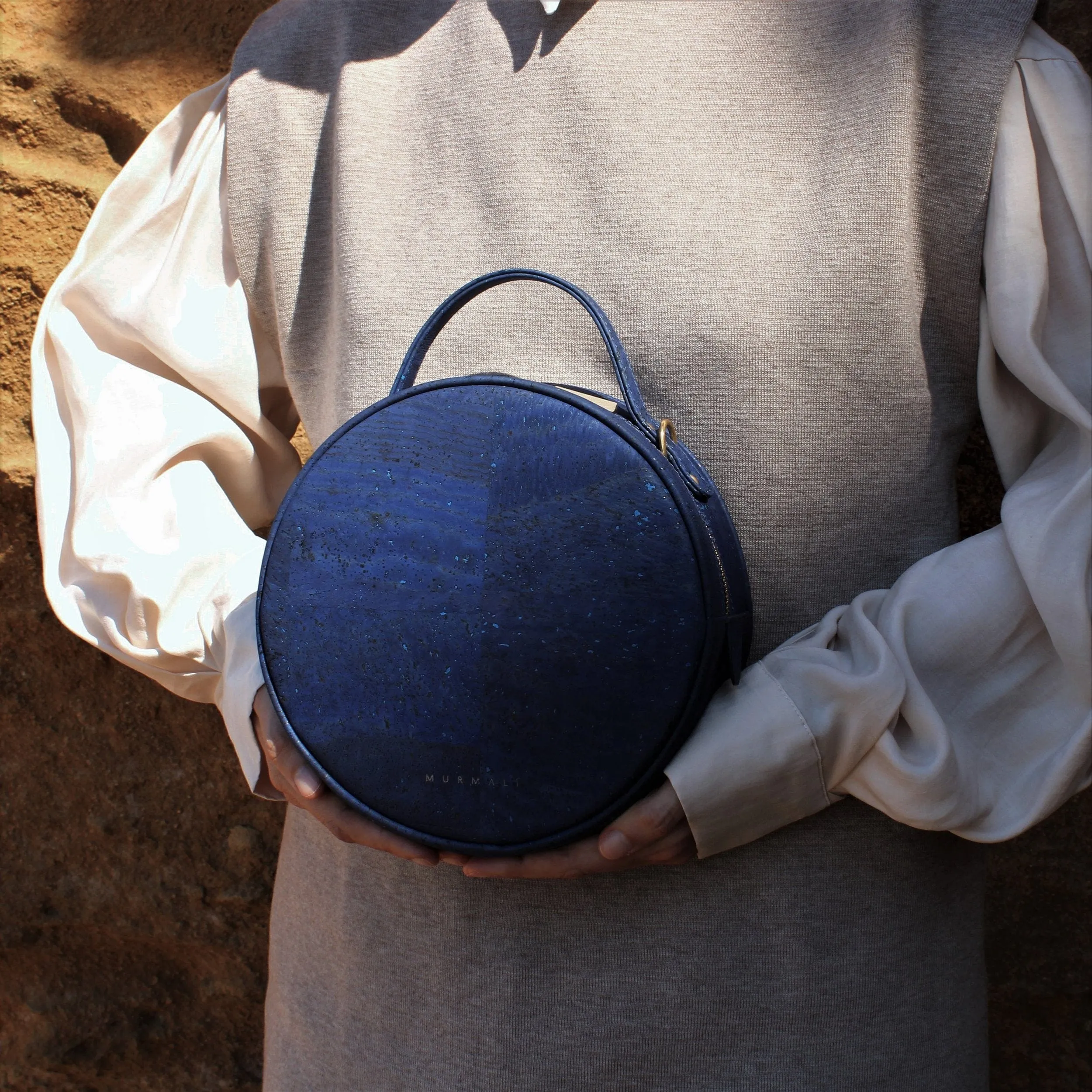 Beta Handcrafted Cork Vegan Round Shoulder Bag | Navy