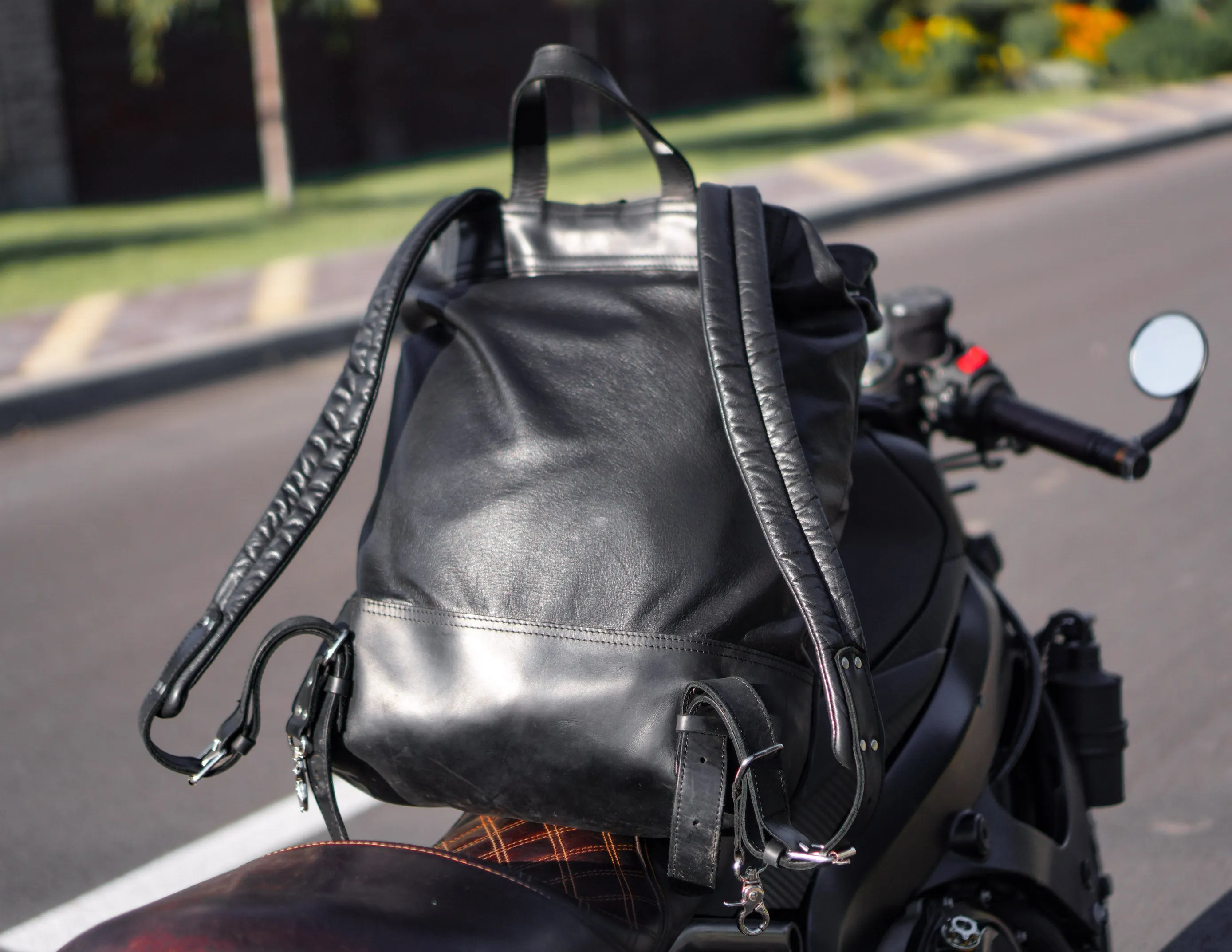 Black Leather Backpack | "Cafe-Racer" motorcycle rucksack, handcrafted