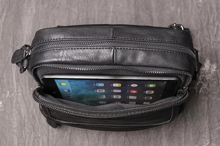 Black LEATHER MENS Small SIDE BAG COURIER BAG Black Small MESSENGER BAG FOR MEN