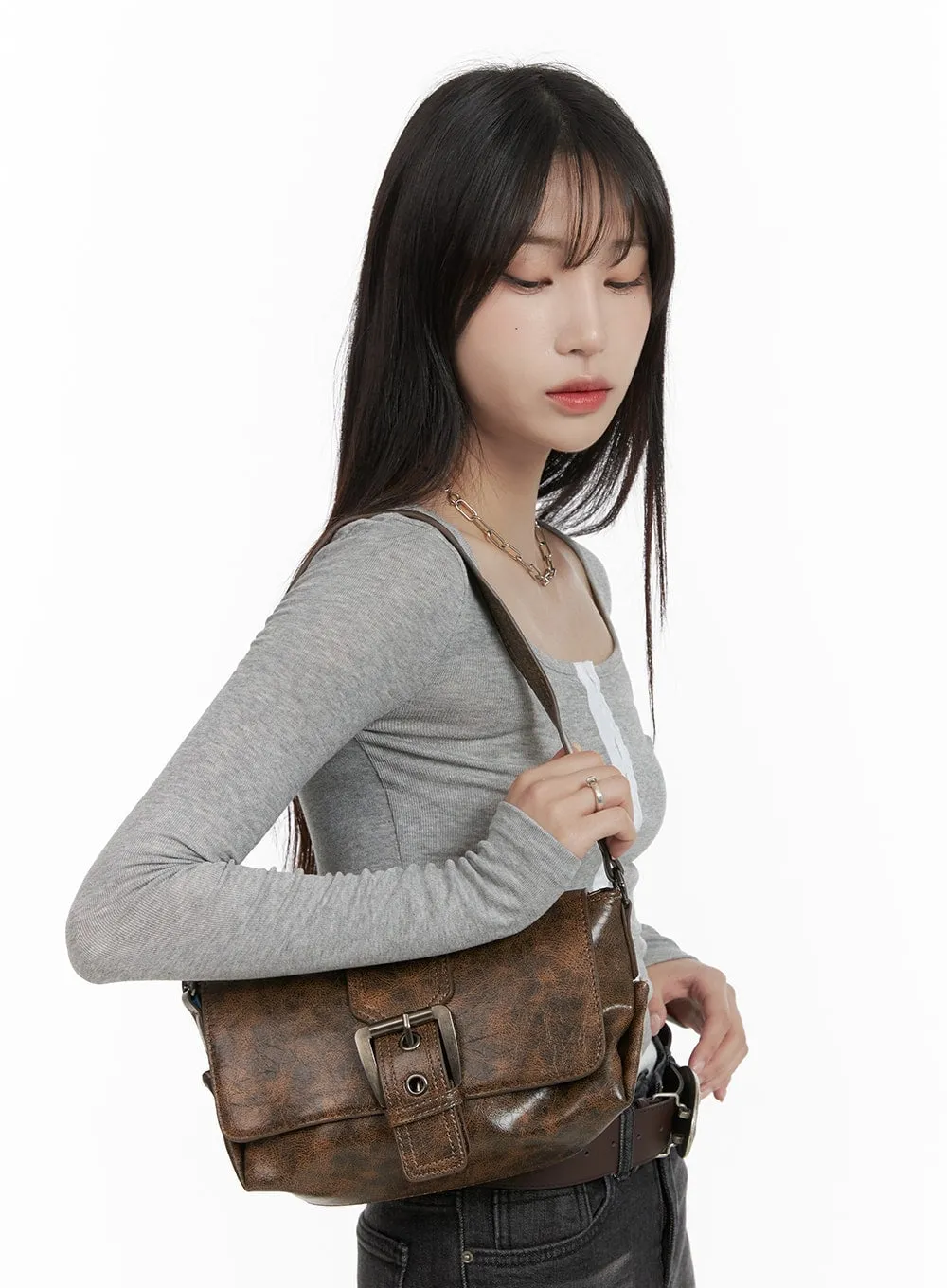 Buckle Washed Faux Leather Shoulder Bag CA403