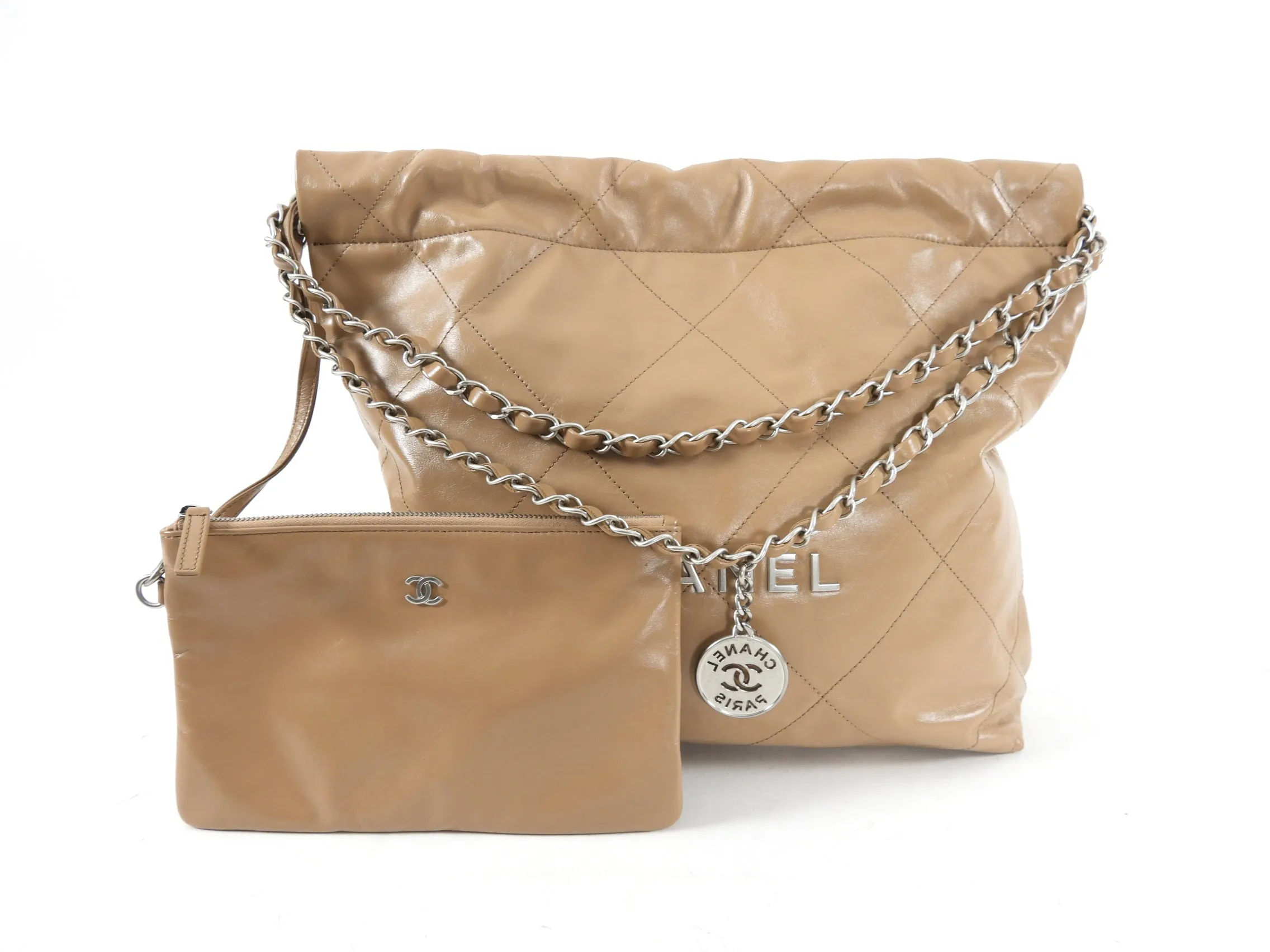 Chanel 22 Beige Glossed Leather Medium Chain Bag