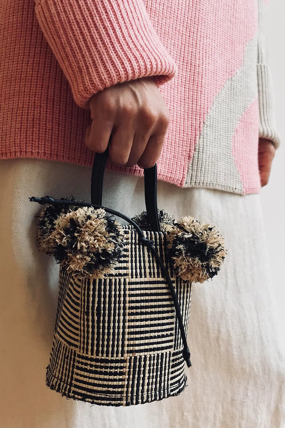 Edun Raffia Mini Pom Pom Bag in Bicolor