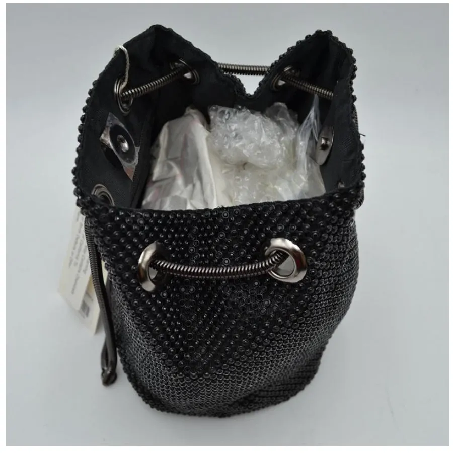 Metal mesh rhinestone chain bucket bag - gold