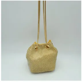 Metal mesh rhinestone chain bucket bag - gold