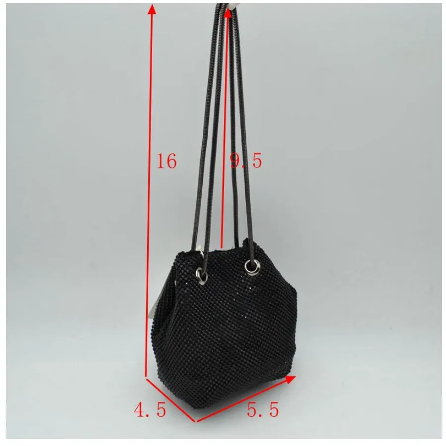 Metal mesh rhinestone chain bucket bag - silver