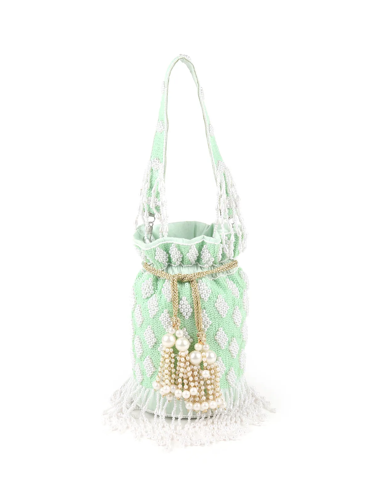 Odette Light Green Embroidered Potli Bag For Women