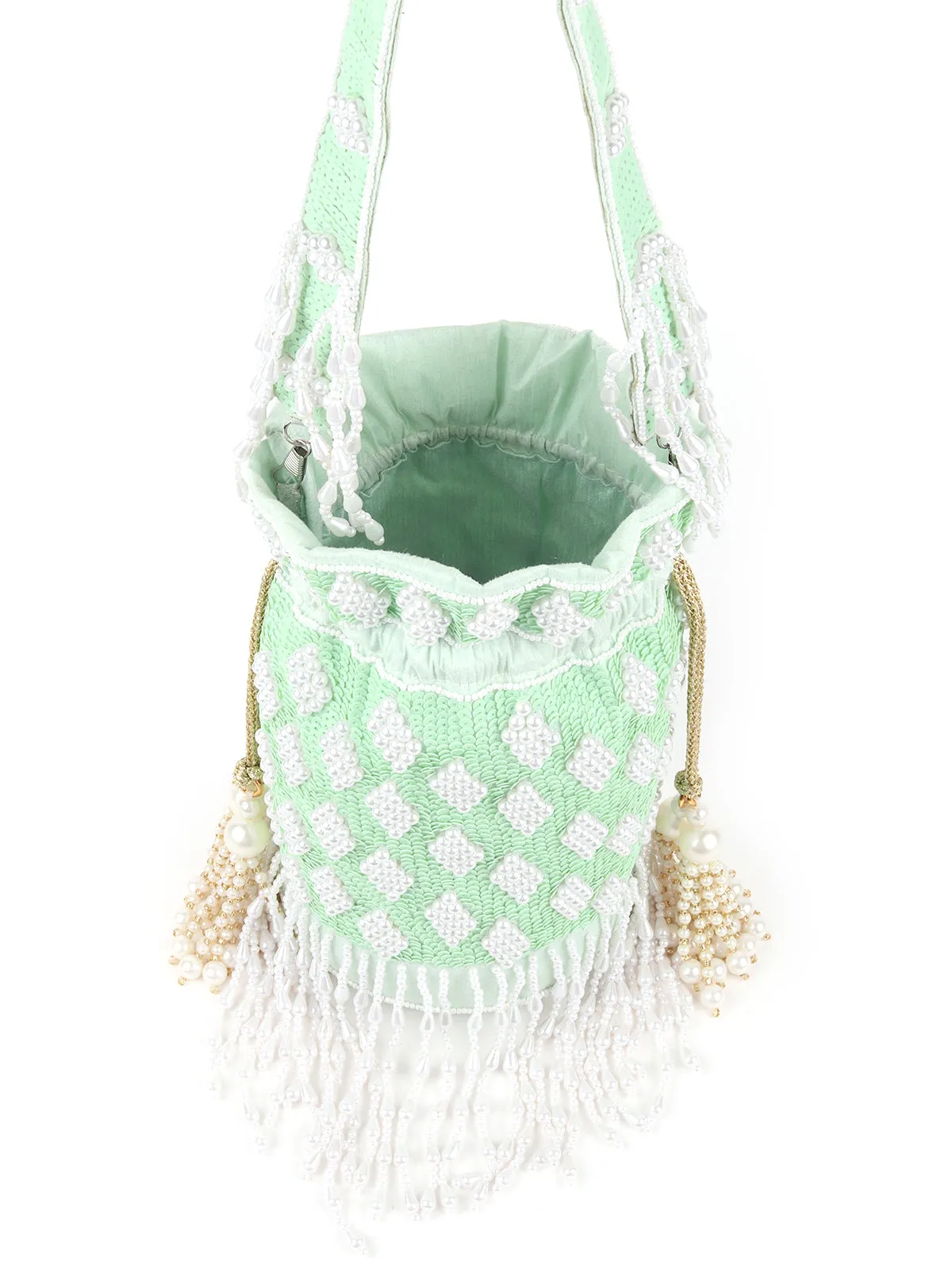 Odette Light Green Embroidered Potli Bag For Women