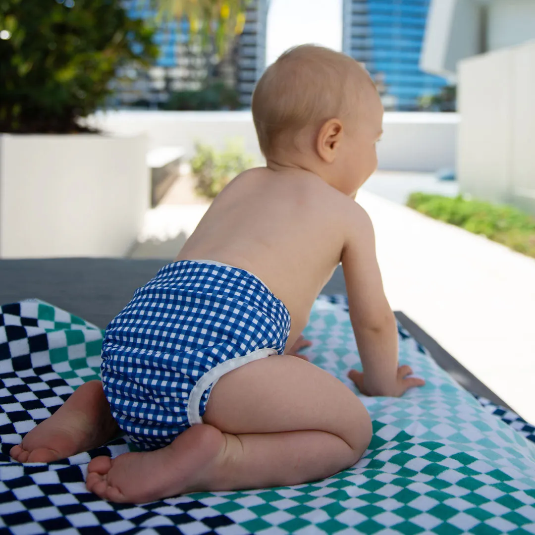 On The Go - Gift Set, Reusable Swim Nappy, Wet Bag and Baby Bib - Blue Check