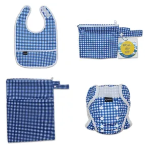 On The Go - Gift Set, Reusable Swim Nappy, Wet Bag and Baby Bib - Blue Check