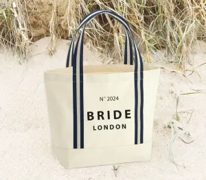 Personalised Bride Tote Bag, Custom Name Tote Bag, Bachelorette Jute Bag, Hen Party Travel Bag, Bridal Party Weekend Bag, Bags, Blue Stripe