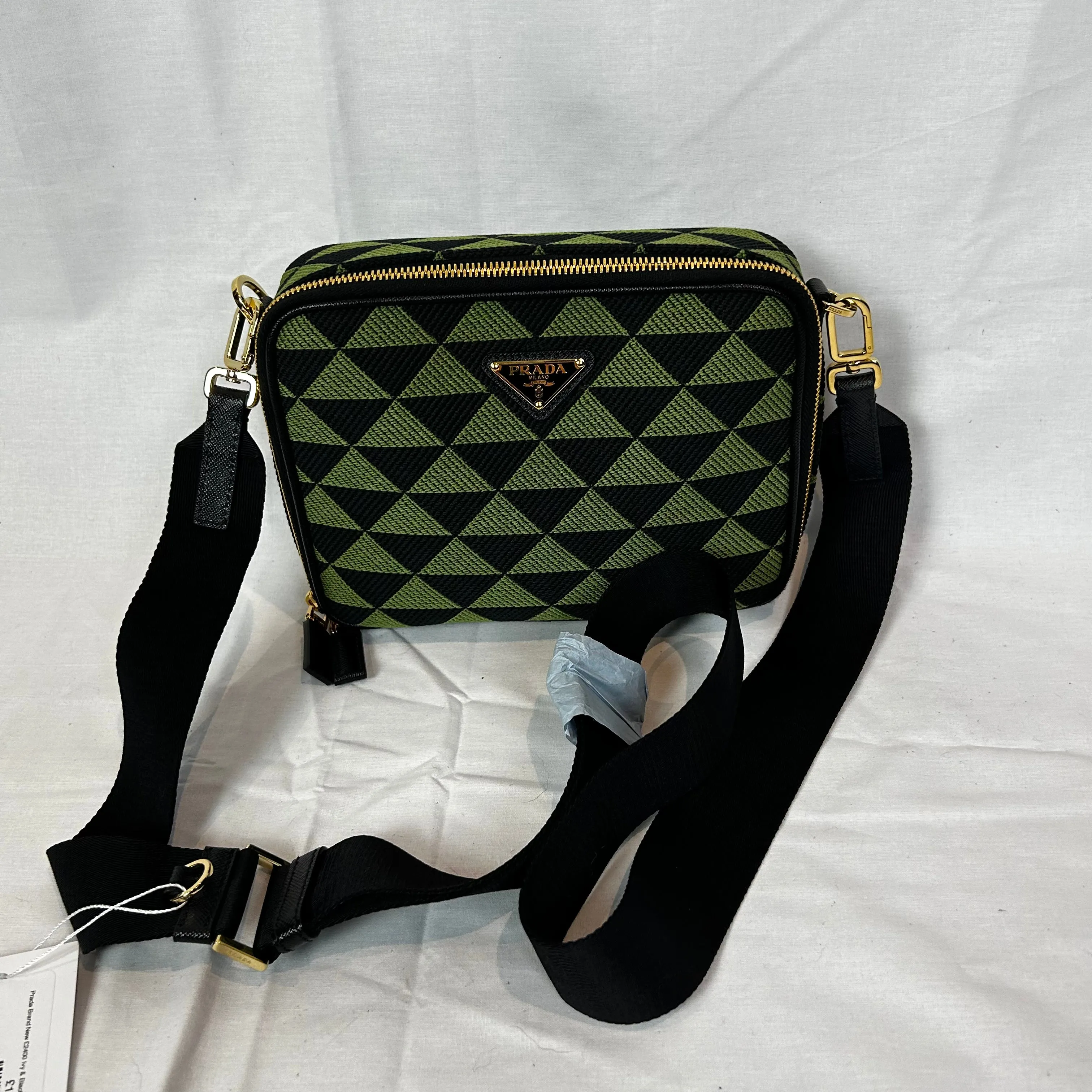 Prada Brand New 2400 Ivy & Black Symbole Embroidered Fabric Crossbody Bag