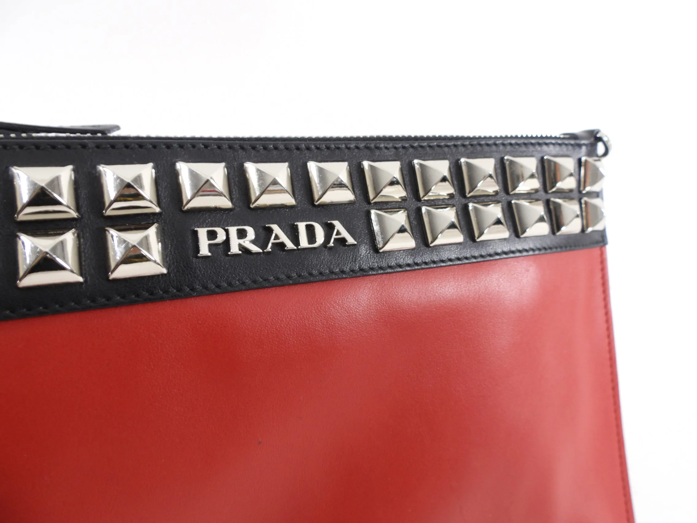 Prada Red and Black Stud Logo Elektra Wristlet Pouch Bag