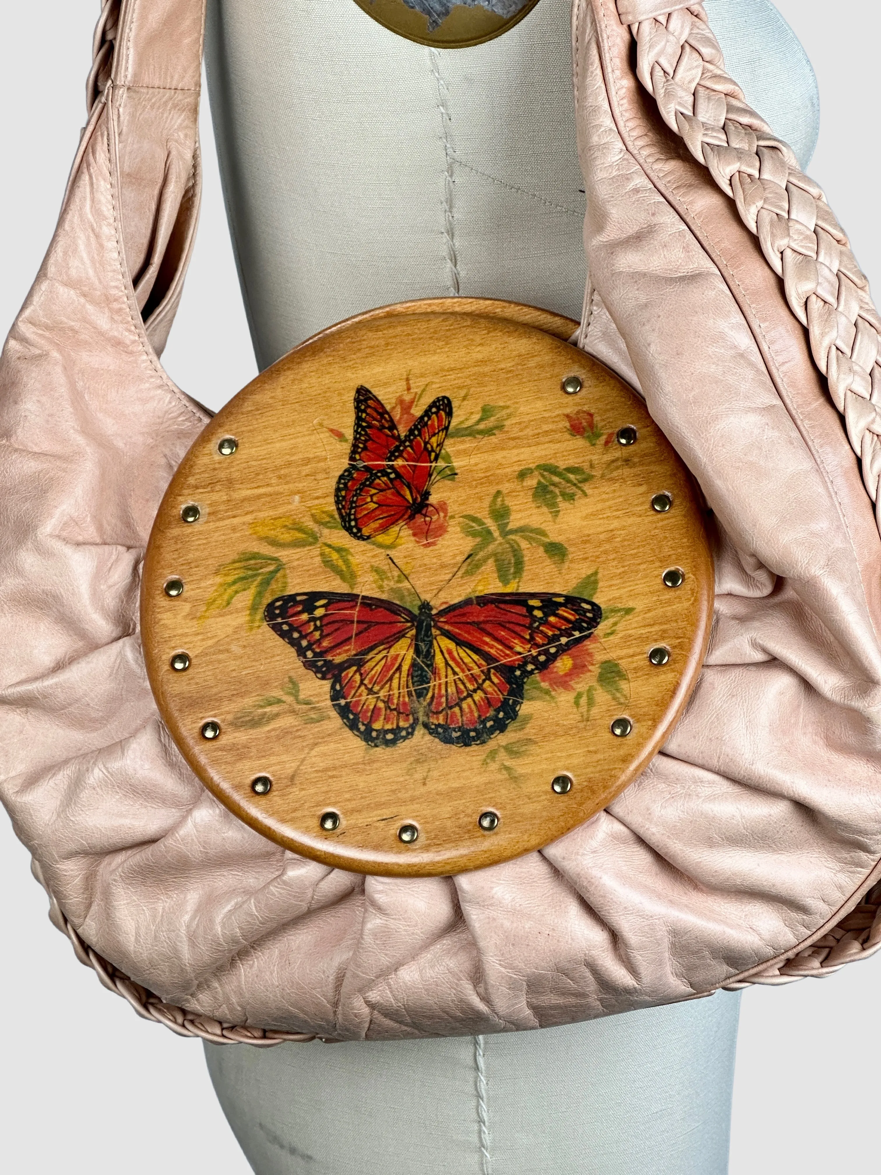 SUZIE KONDI Leather and Wood Butterfly Shoulder Bag