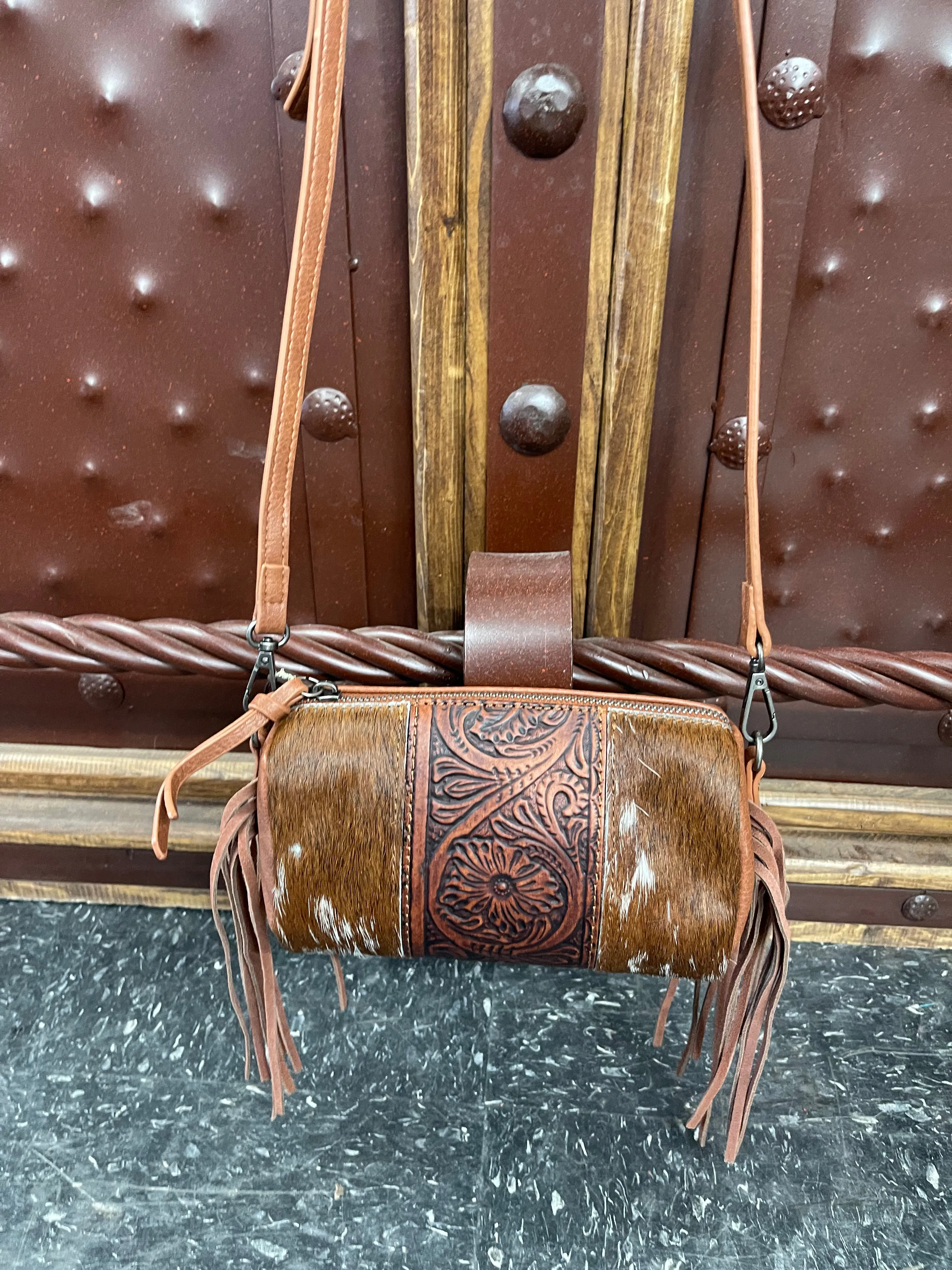 Trinity Ranch cowhide BARREL Crossbody bag